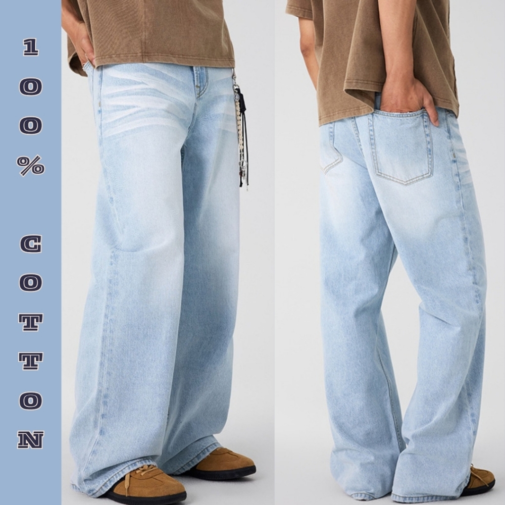 100% Cotton Glacier Blue Men's Wash Wide Leg Jeans